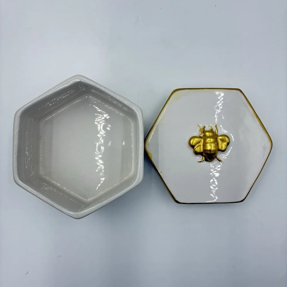 White Gold Trinket Jewelry Vanity Holder Box With Bee Hand Painted Octagon Shape